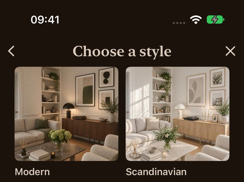 The Loftling app: choose one of seven styles — Modern, Scandinavian and more